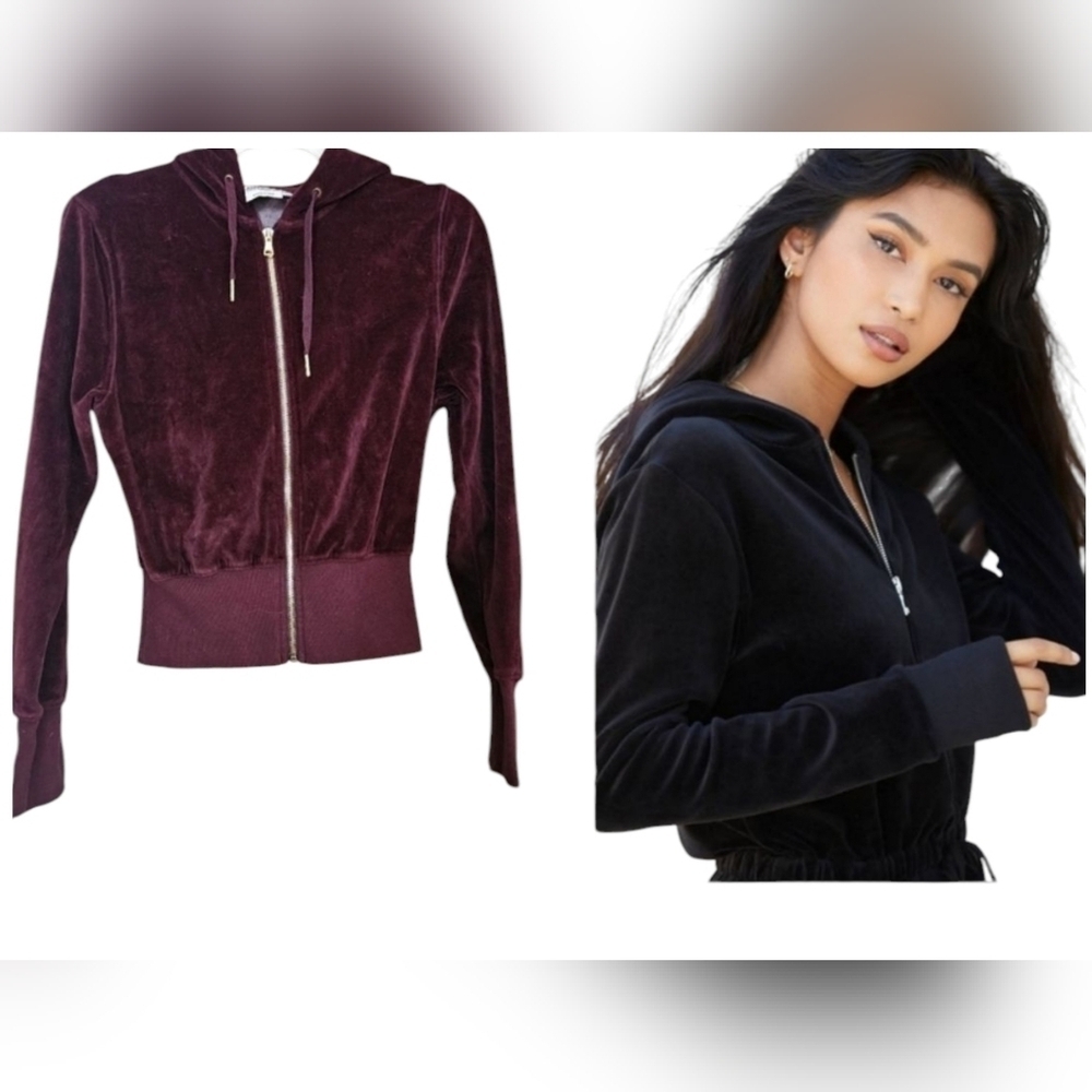 GOOD AMERICAN Burgundy velour cropped zip up hoodie. Size 2
